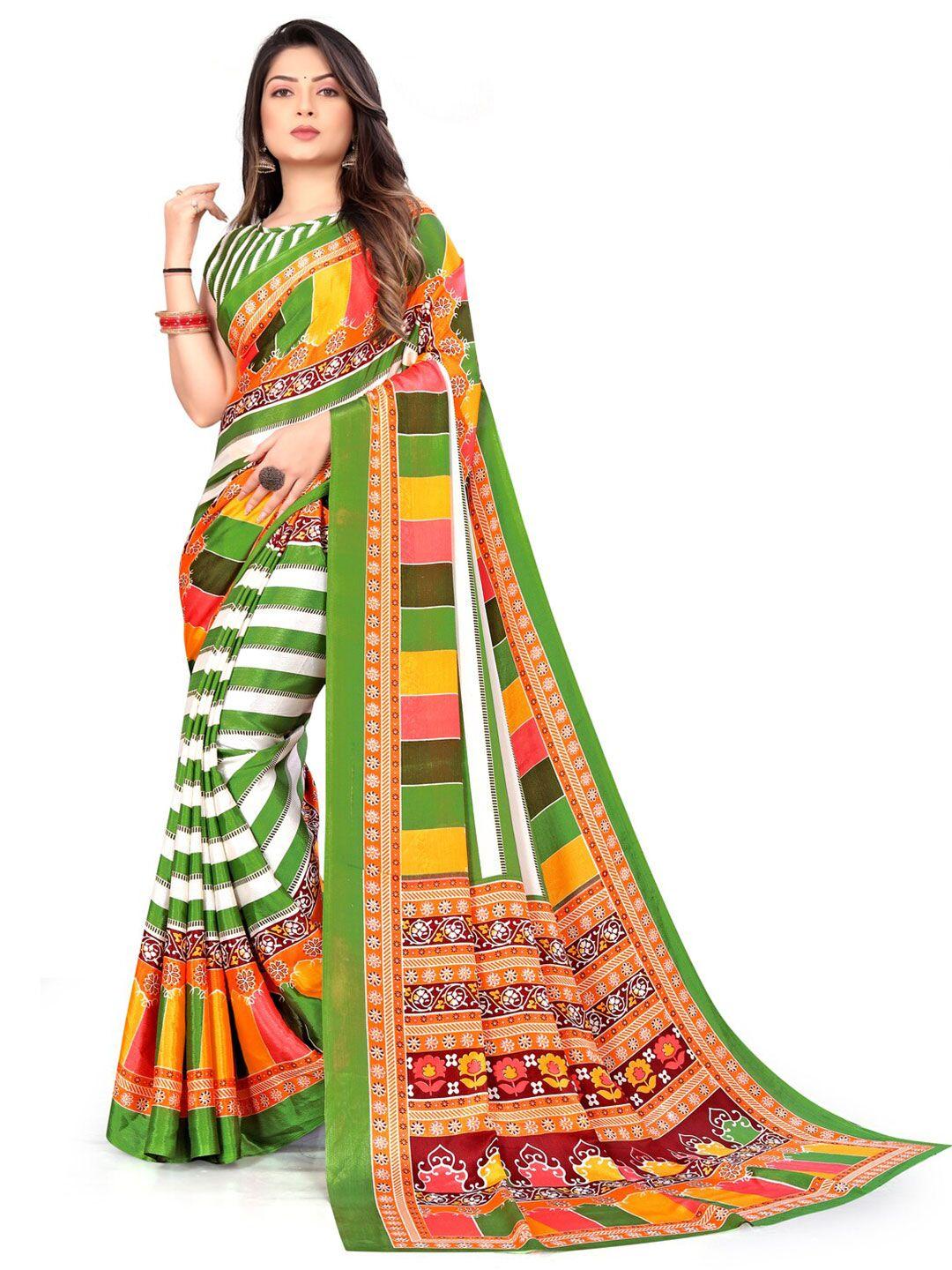 laheja lime green & white striped silk blend saree