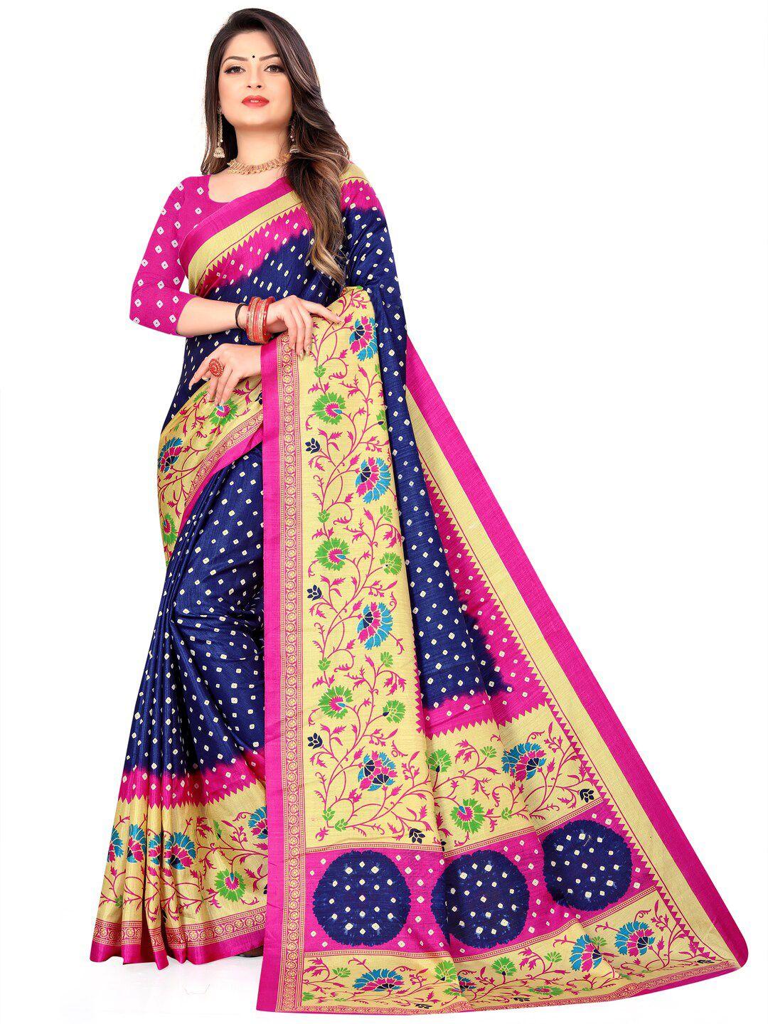 laheja navy blue & pink bandhani zari silk blend saree