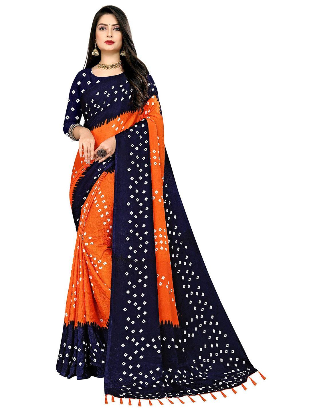 laheja orange & navy blue bandhani printed ploy silk saree