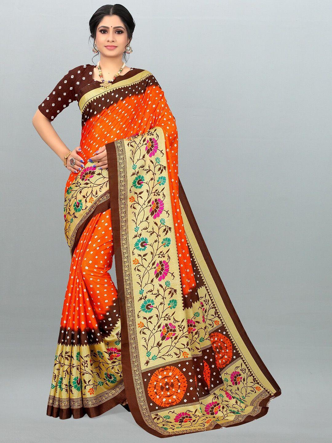 laheja orange & white bandhani silk blend saree