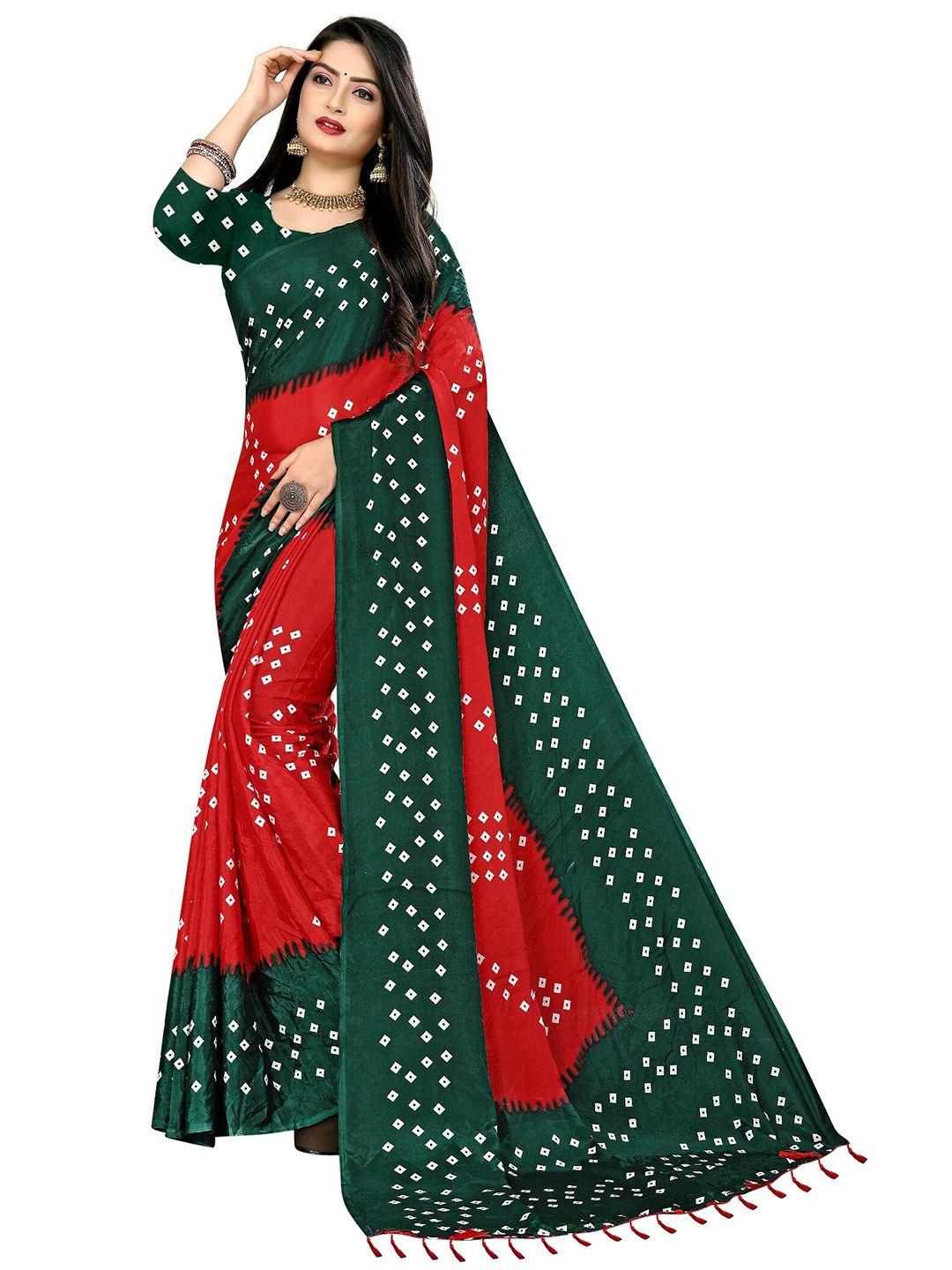 laheja red & green bandhani printed ploy silk saree