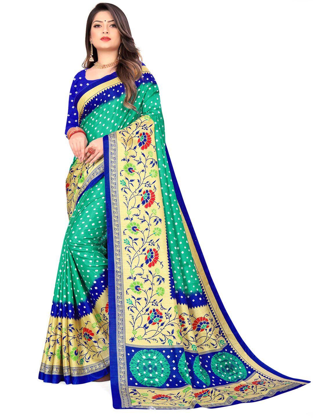 laheja women green & beige bandhani silk blend saree with unstitched blouse piece