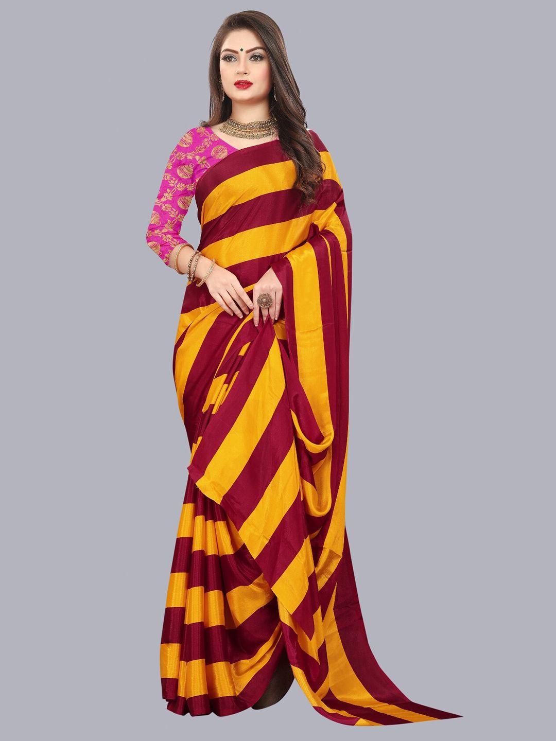 laheja women maroon & yellow striped saree