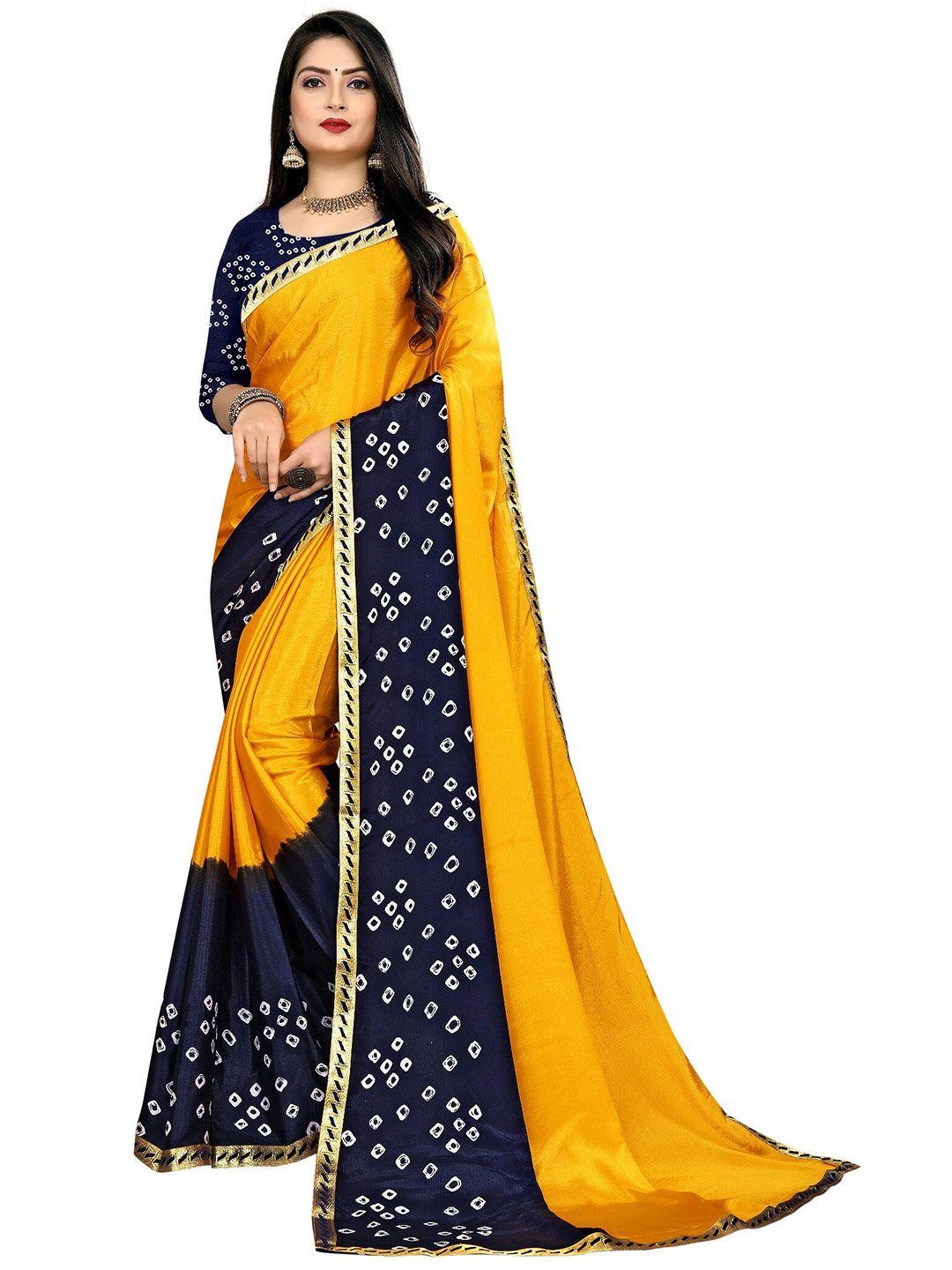 laheja yellow & navy blue bandhani printed ploy silk saree