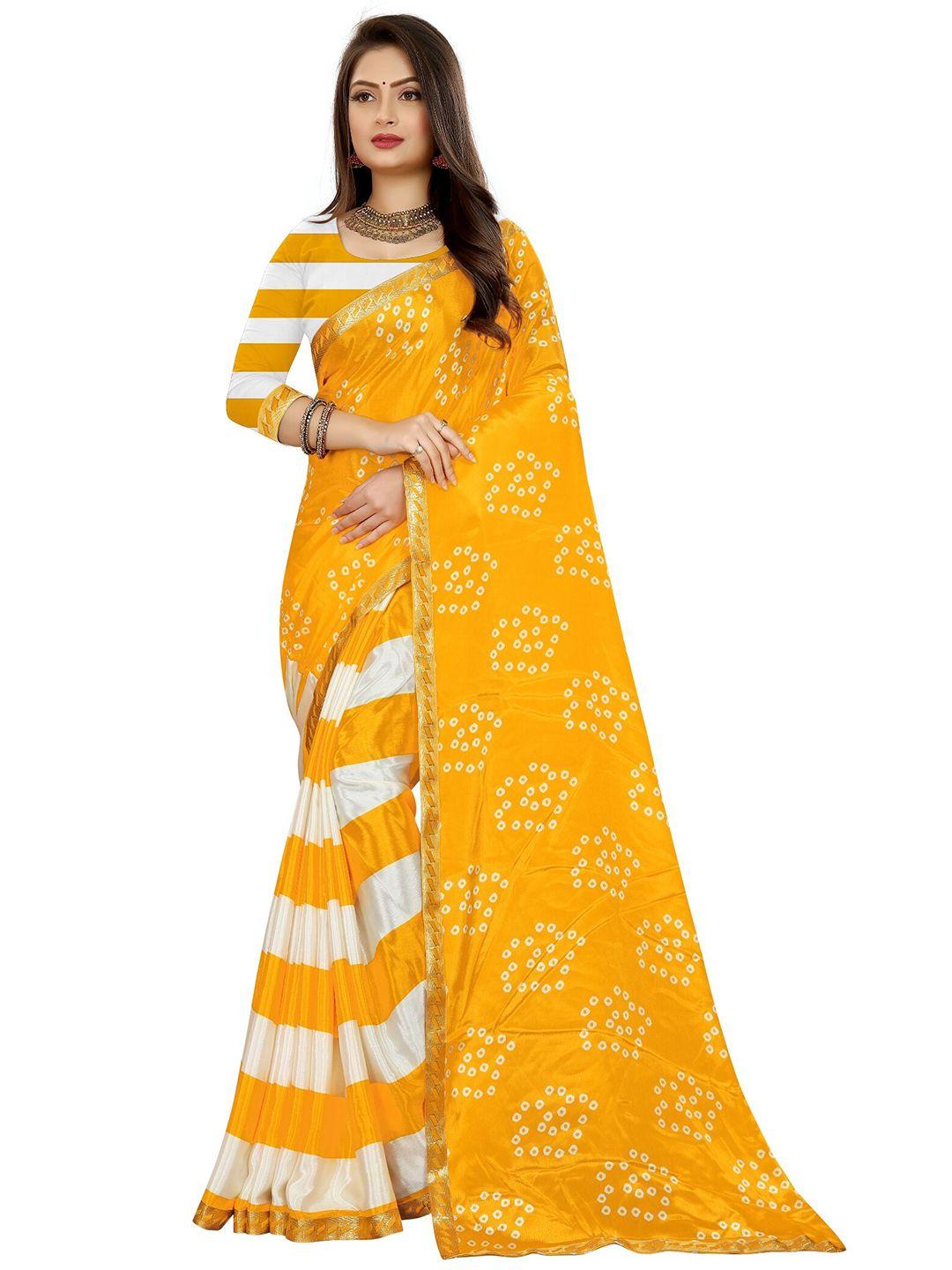 laheja yellow & white bandhani printed ploy silk saree