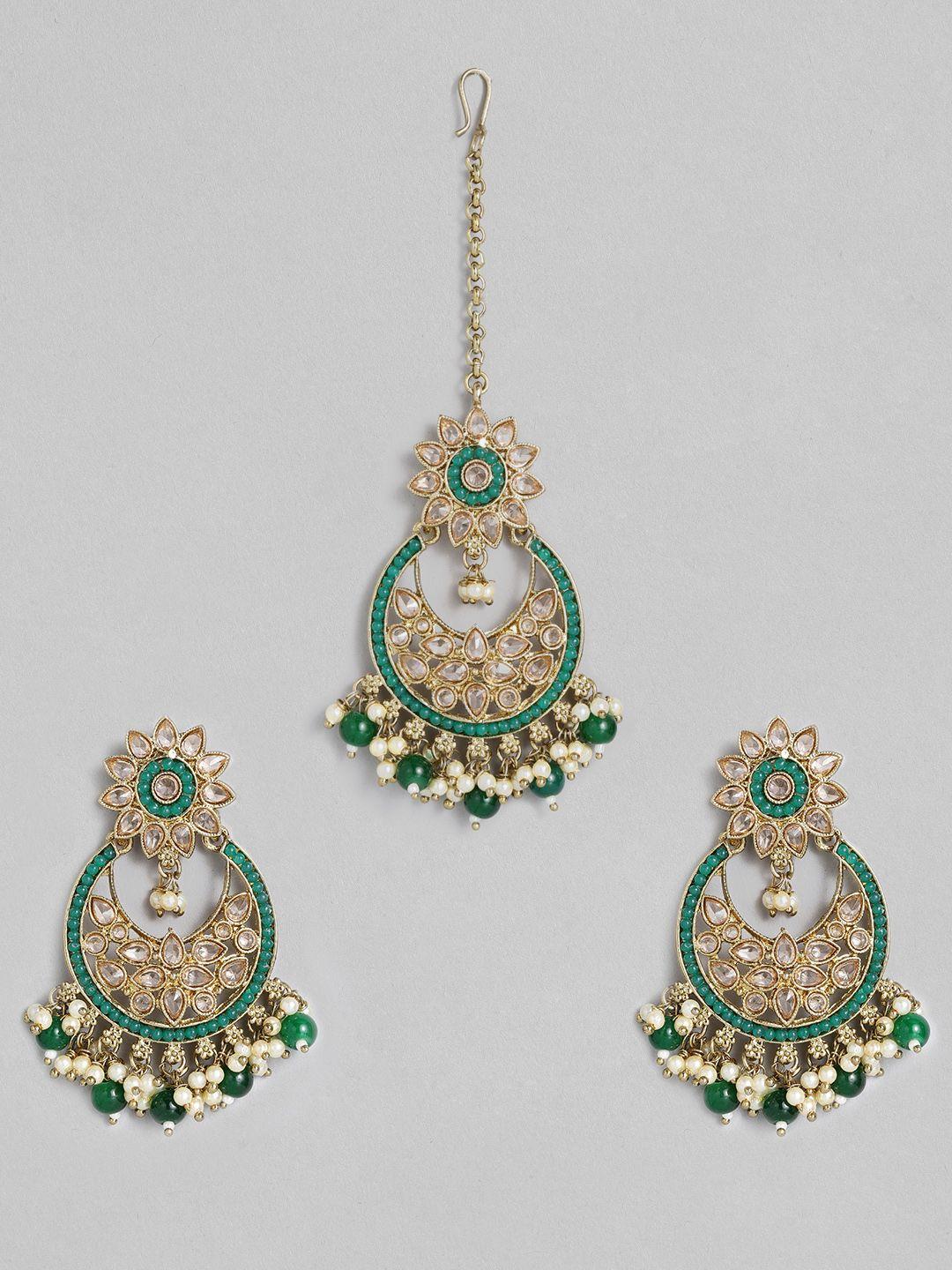 laida gold-plated & green handcrafted earrings with maangtikka
