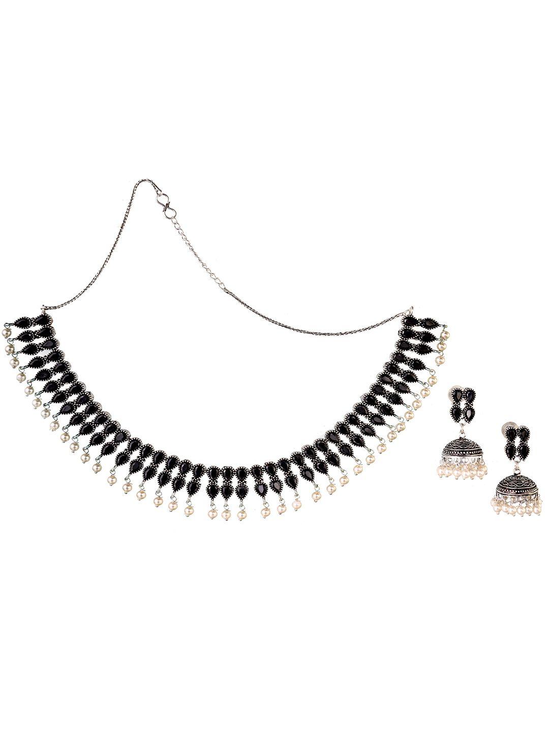 laida oxidised silver-plated black & white stone-studded beaded jewellery set