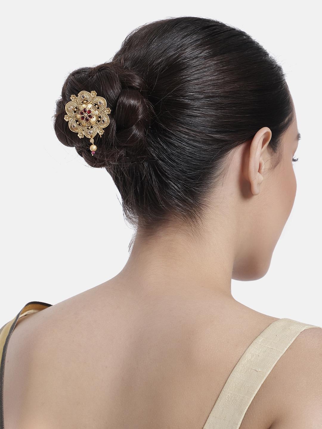 laida women gold-plated stone studded floral bumpit hair pin