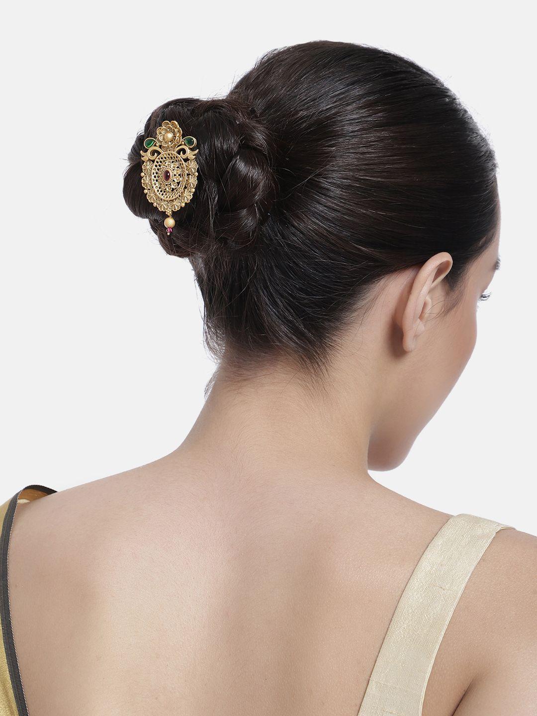 laida women gold-plated stone studded floral bumpit hair pin