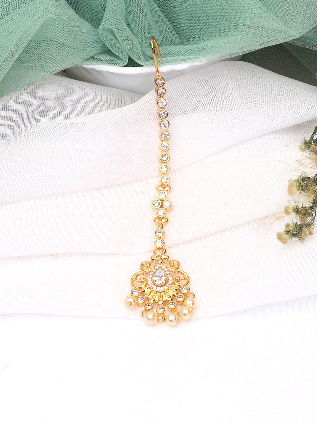 laida gold-plated ad studded pearl drop maang tikka