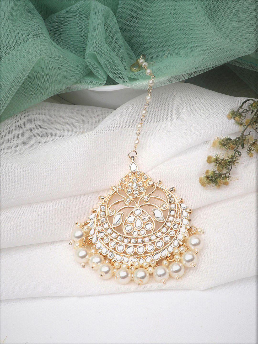 laida gold-plated and white kundan chand style & pearl beaded maang tikka