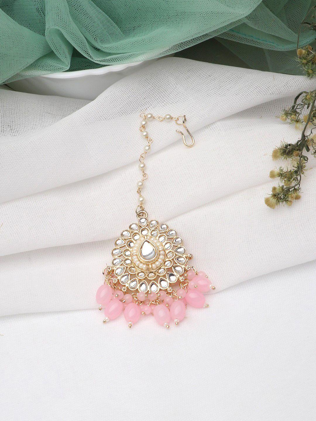 laida gold-plated white & pink kundan & pearl beaded maang tikka