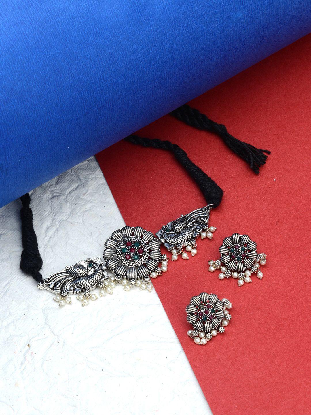 laida oxidised silver-plated choker stone & beads studded jewellery set