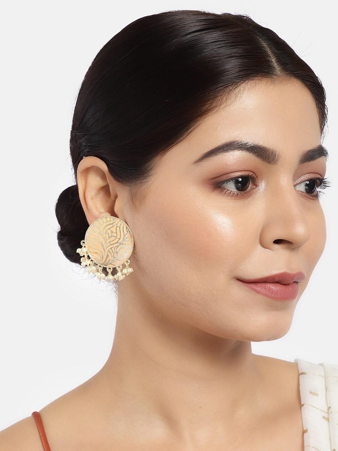 laida peach-coloured & gold-toned enamelled circular drop earrings