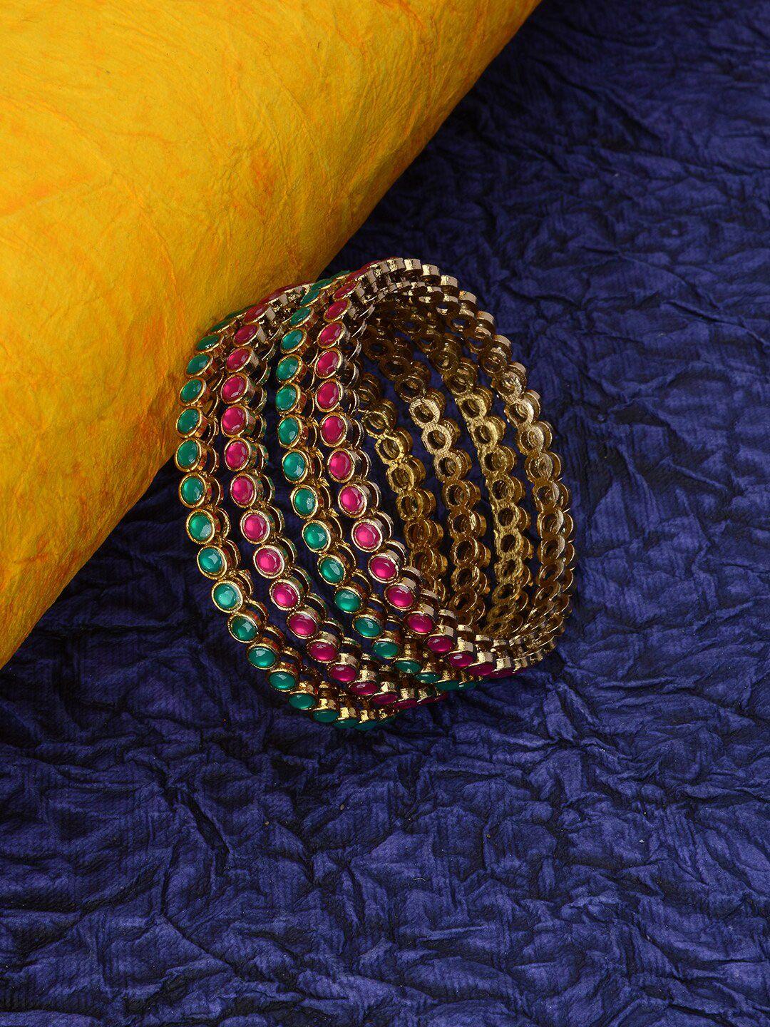 laida set of 4 gold-plated red & green stone-studded bangles