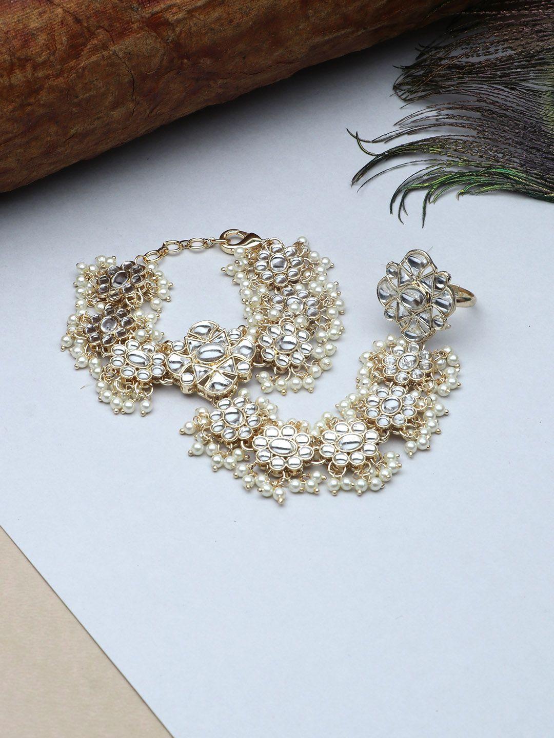laida women gold-plated off white kundan & pearl studded ring bracelet