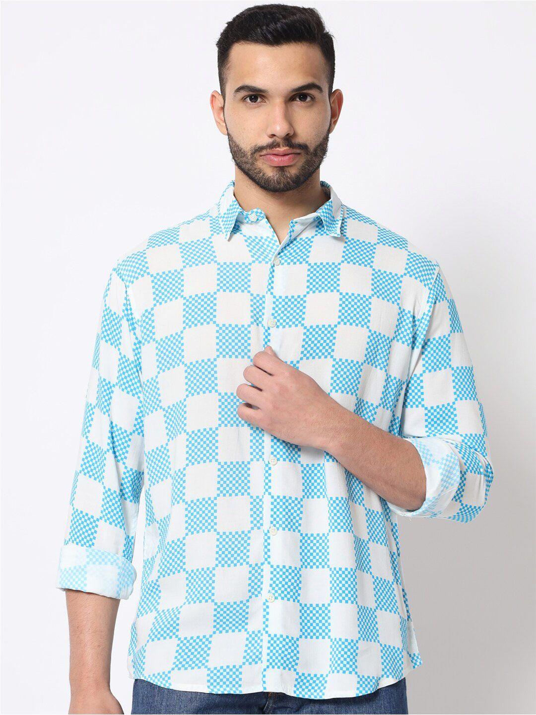 lakaala men blue cotton  relaxed buffalo checks checked casual shirt