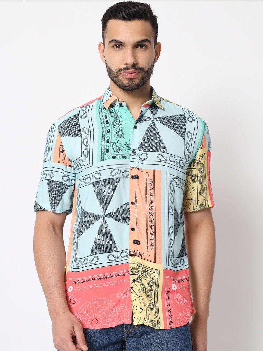 lakaala men blue cotton relaxed printed casual shirt