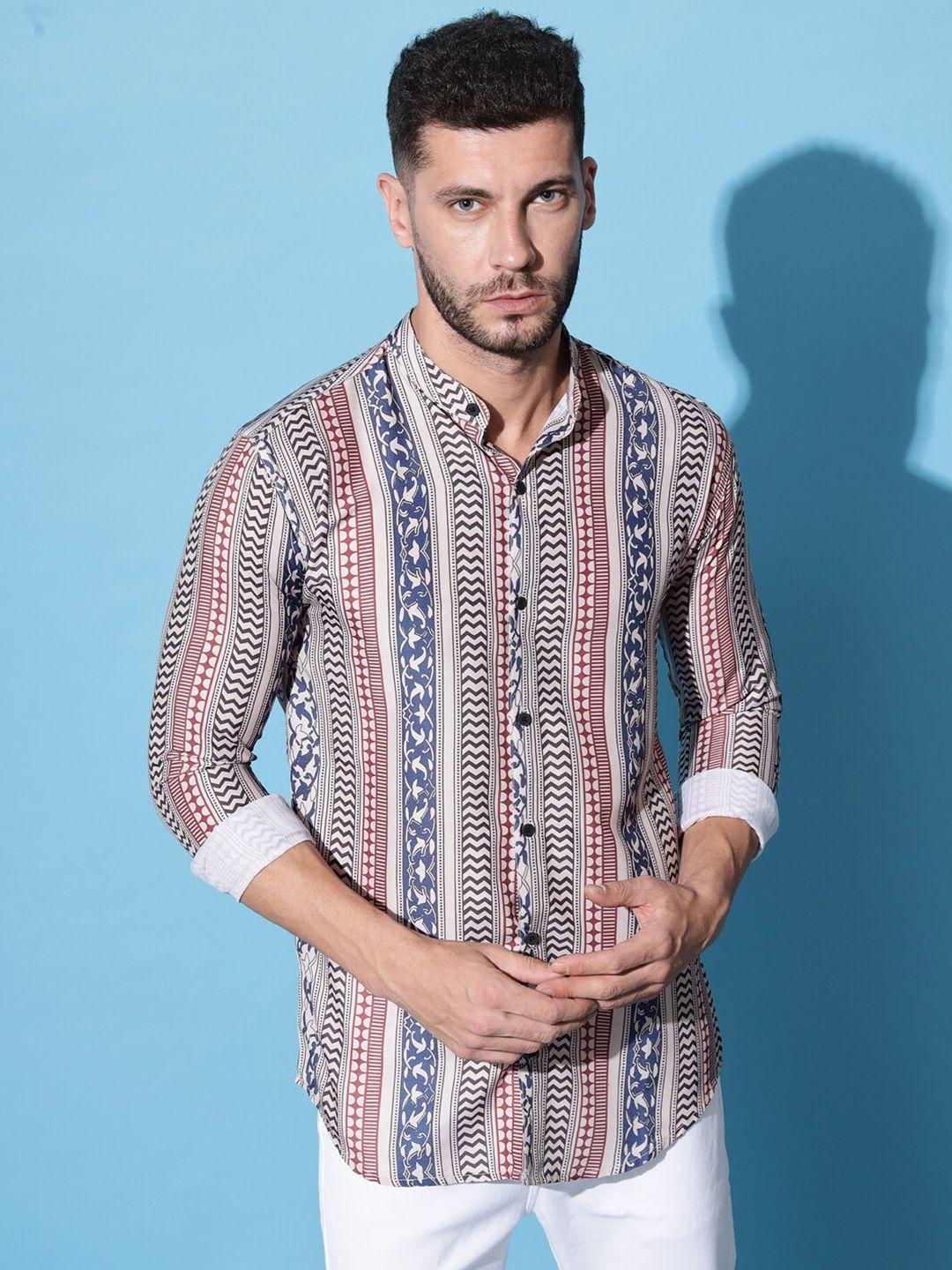 lakaala men cream-coloured ethnic printed casual shirt