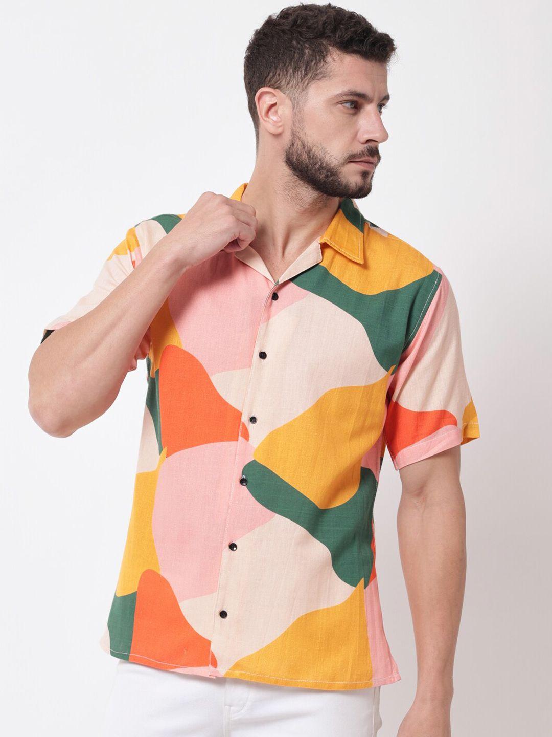 lakaala men peach-coloured relaxed printed pure cotton casual shirt