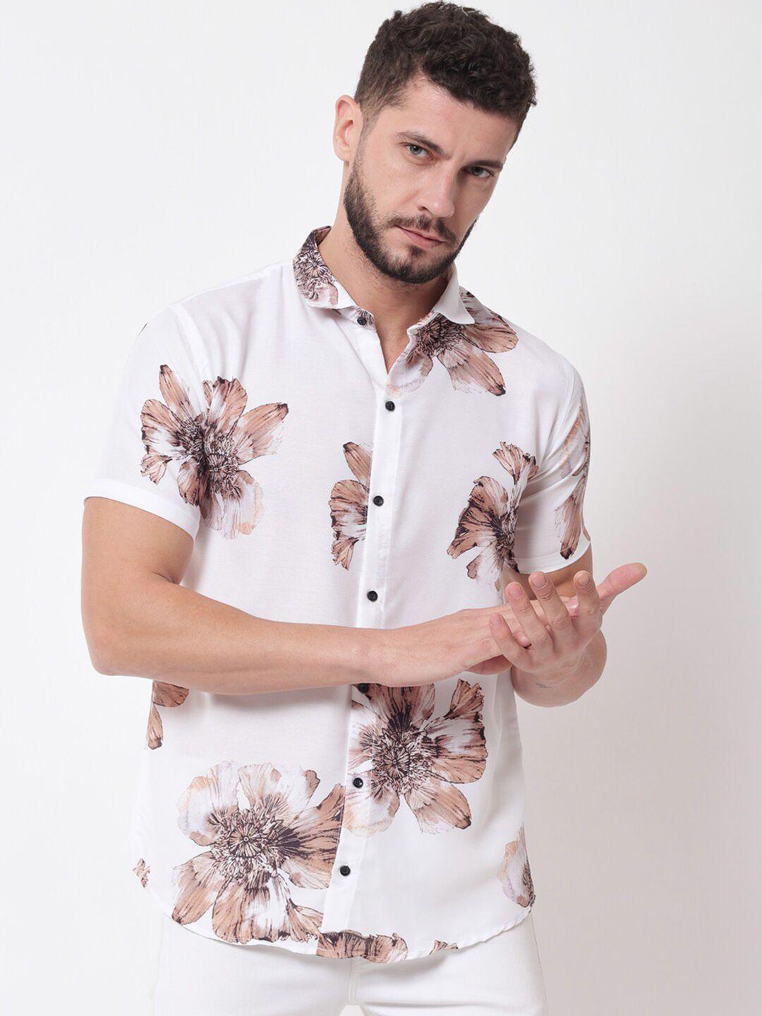 lakaala men white relaxed floral printed pure cotton ???????casual shirt