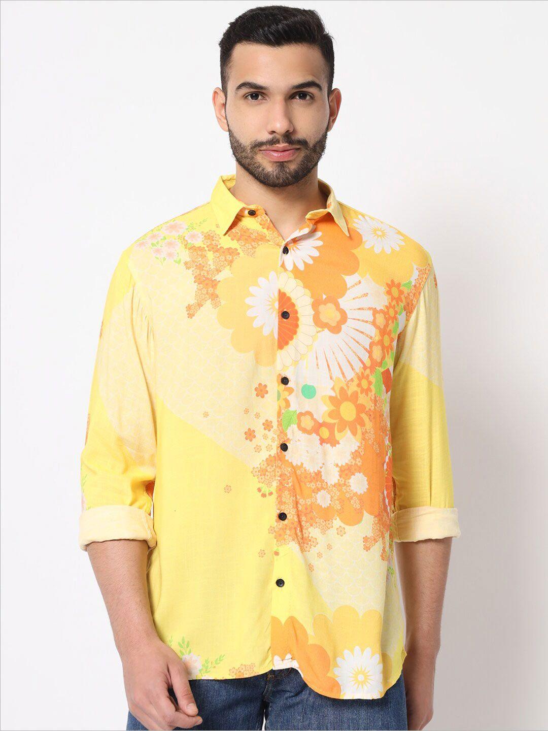 lakaala men yellow cotton relaxed floral printed casual shirt