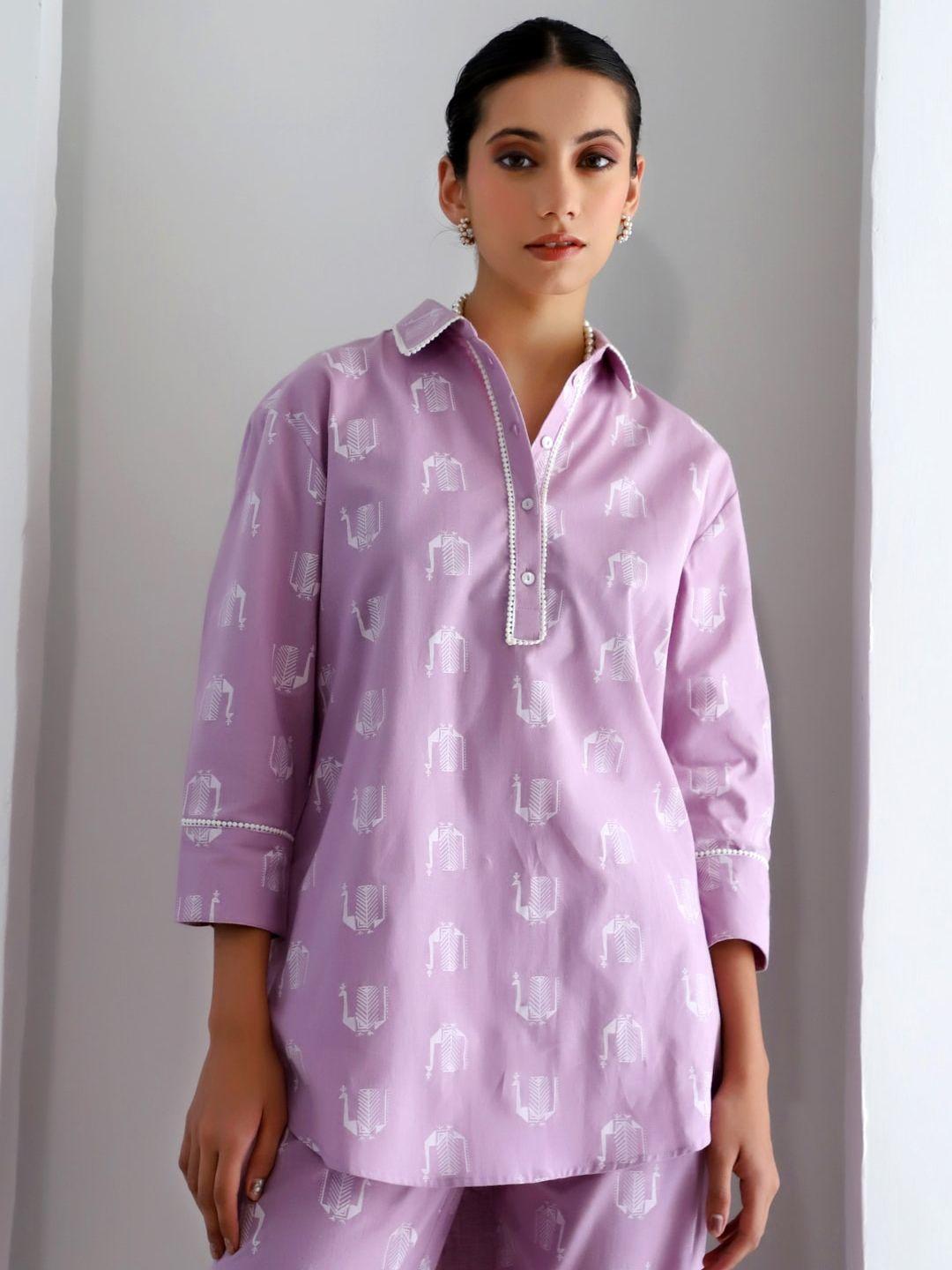 lake peace ethnic motifs printed pure cotton shirt collar tunic with trousers