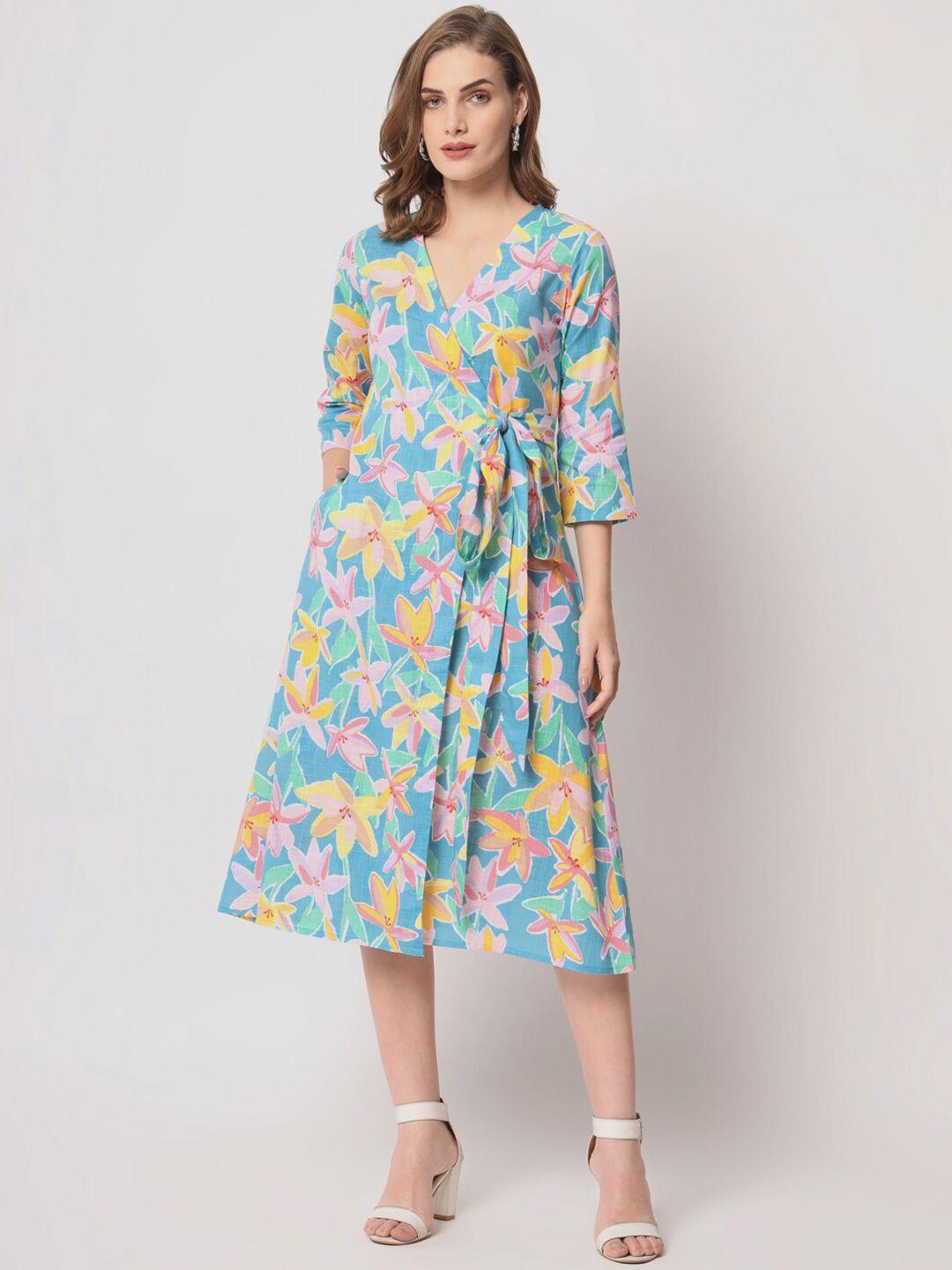 lake peace floral printed pure cotton wrap midi dress