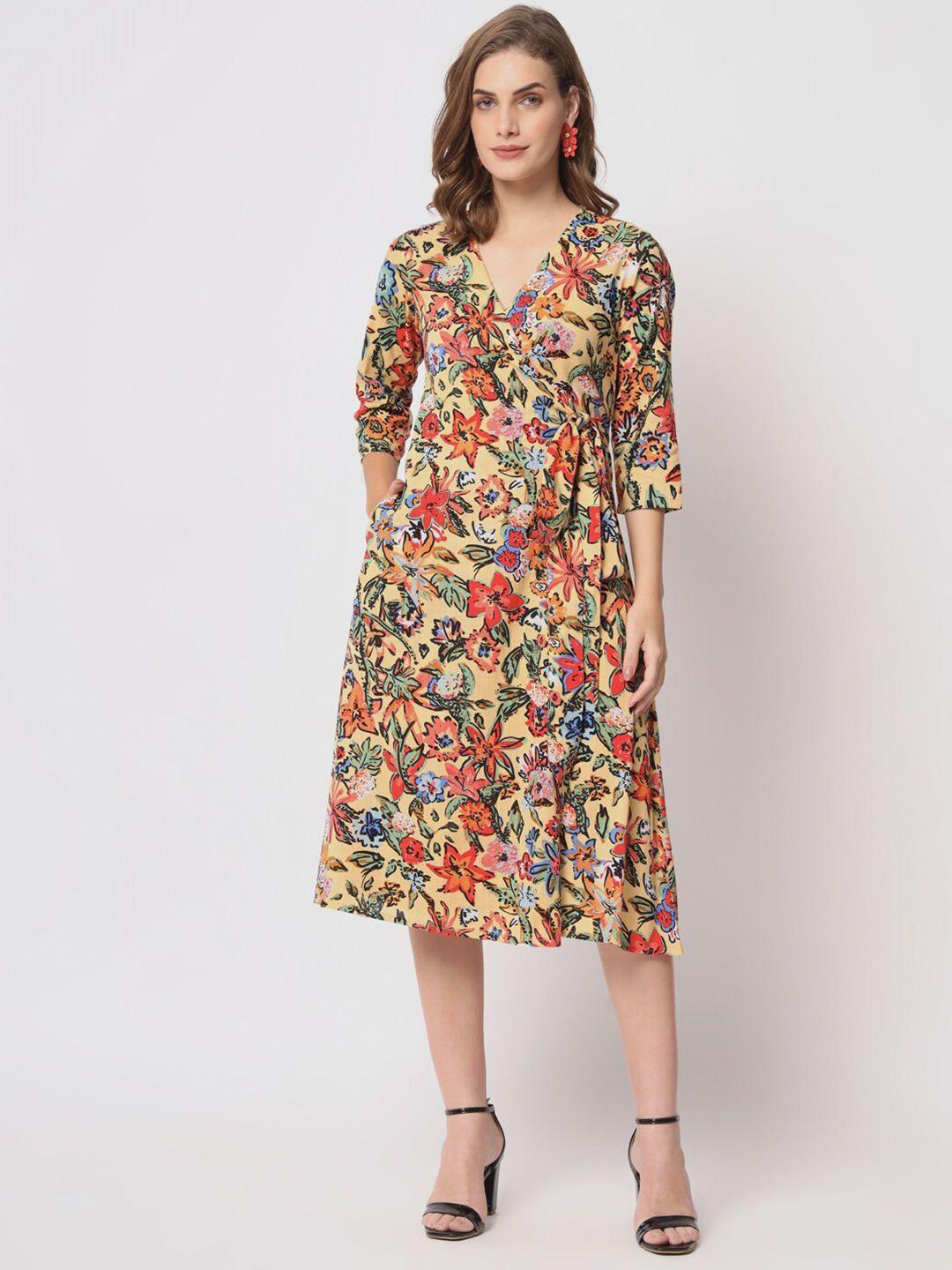 lake peace floral printed v neck pure cotton wrap midi dress