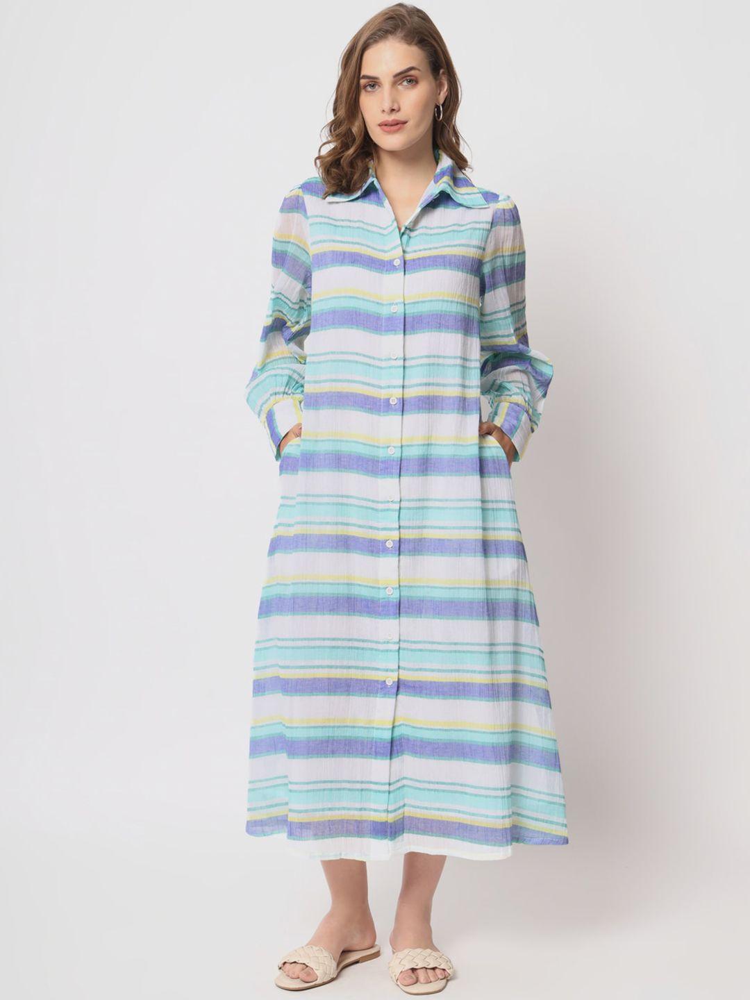 lake peace striped shirt collar cuffed sleeves pure cotton shirt midi dress