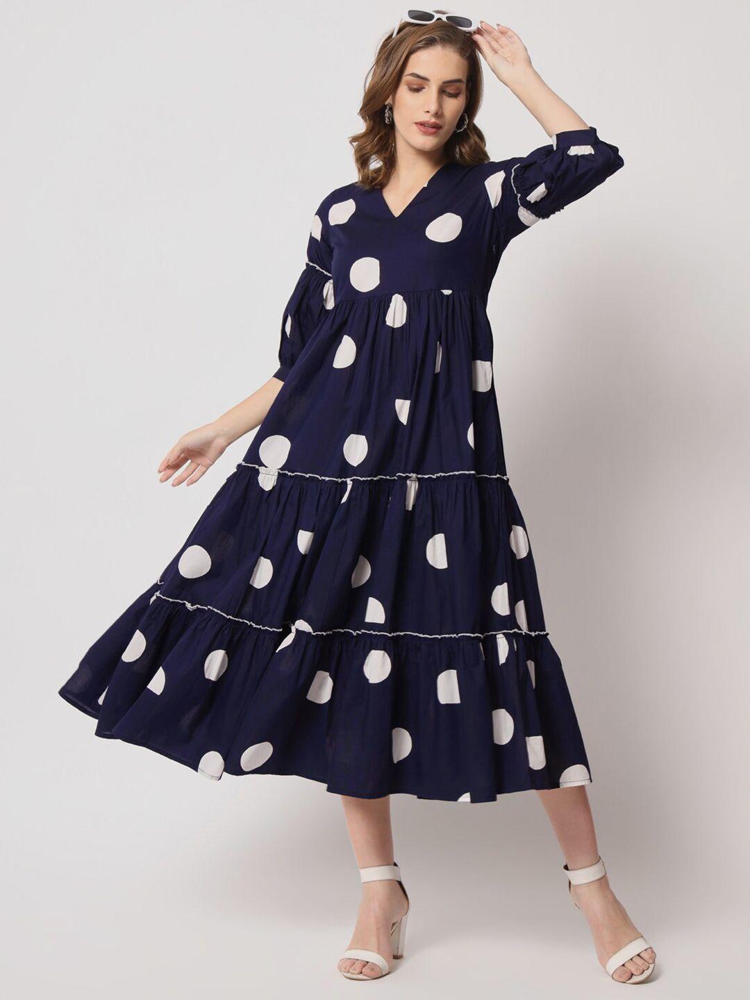 lake peace v-neck tiered polka dots printed a-line midi pure cotton dress