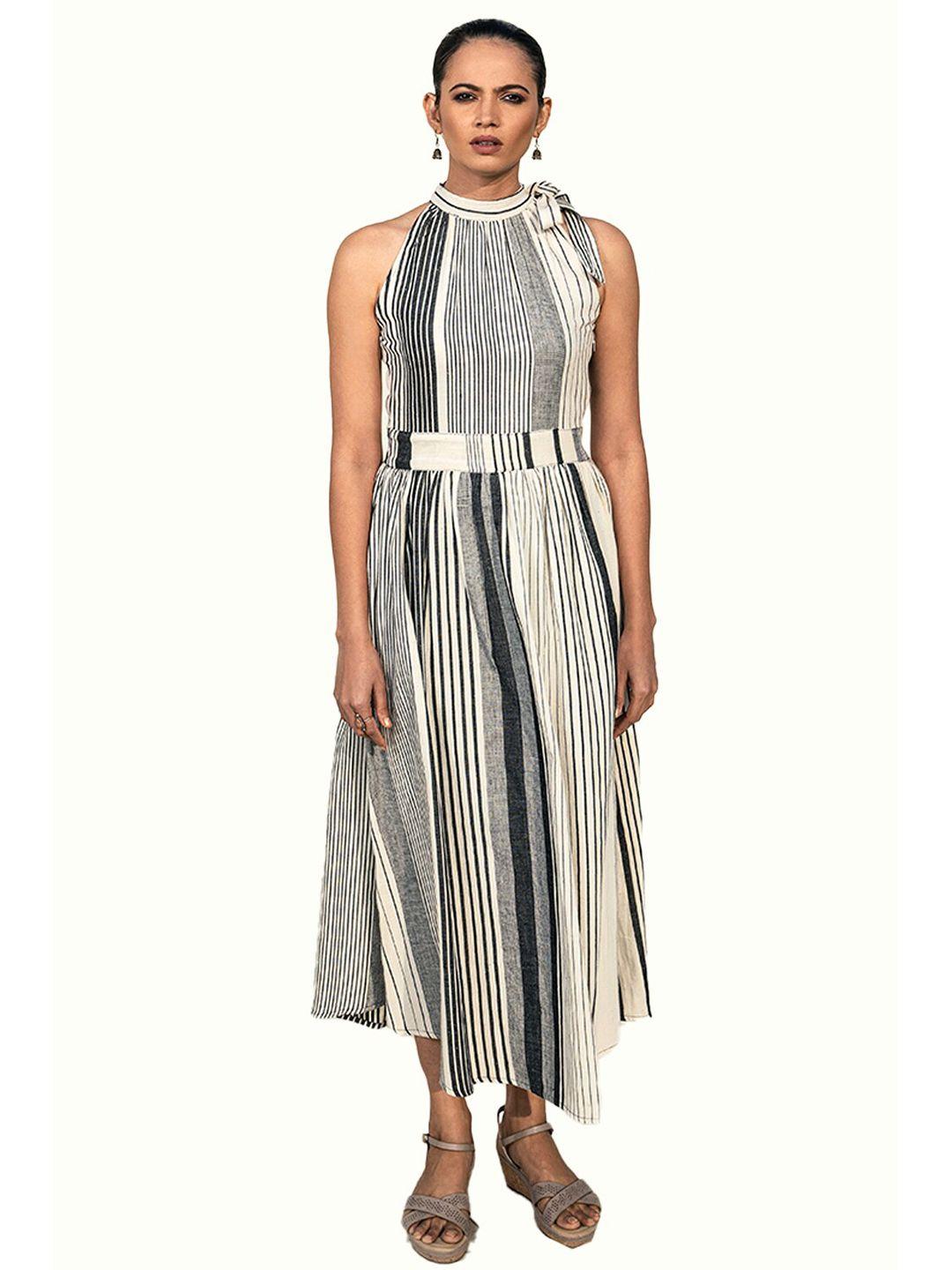 lake peace white & grey striped halter neck pure cotton midi dress