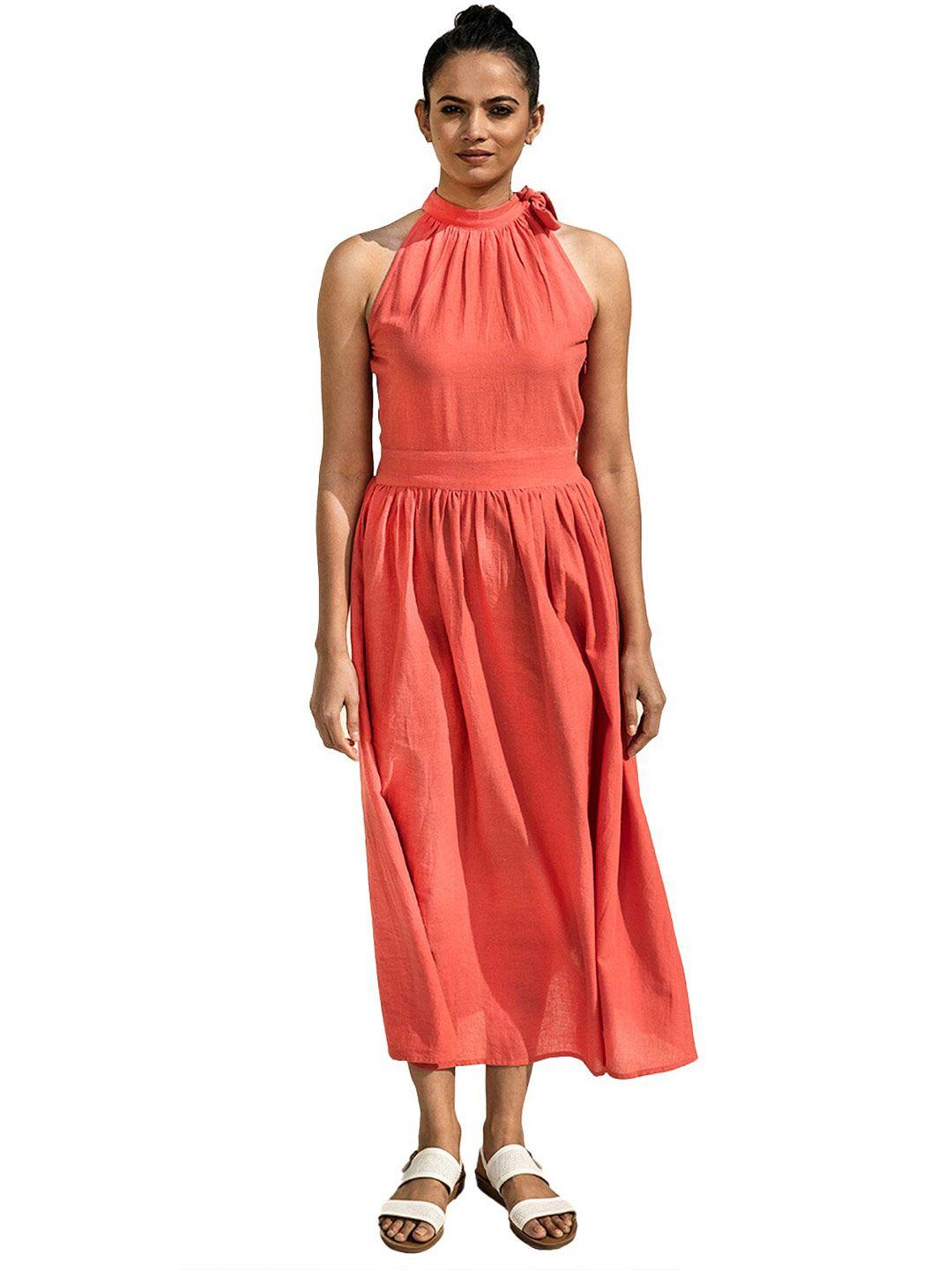 lake peace women coral solid tie up neck pure cotton fit and flare midi dress