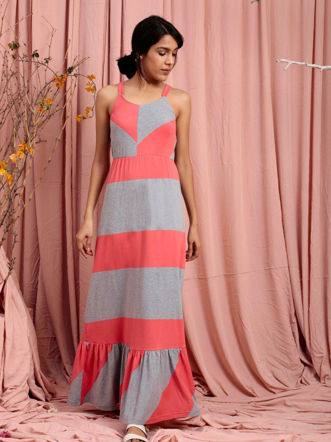 lake peace women grey and coral striped shoulder straps organic cotton maxi dress