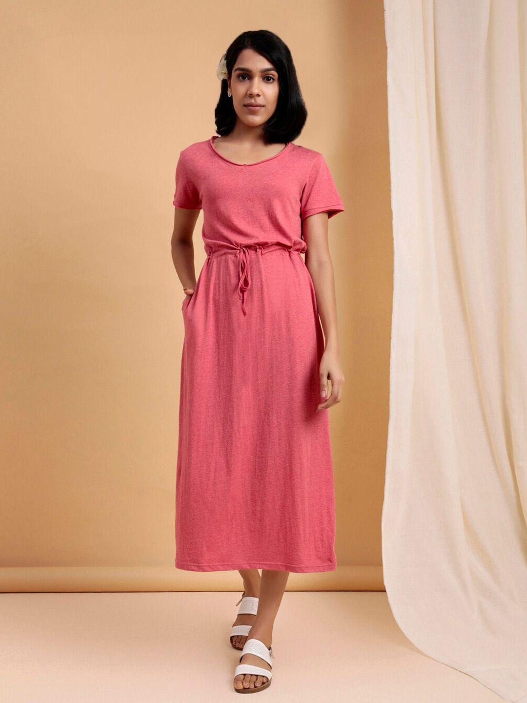 lake peace women pink solid organic cotton short sleeves midi a line dress