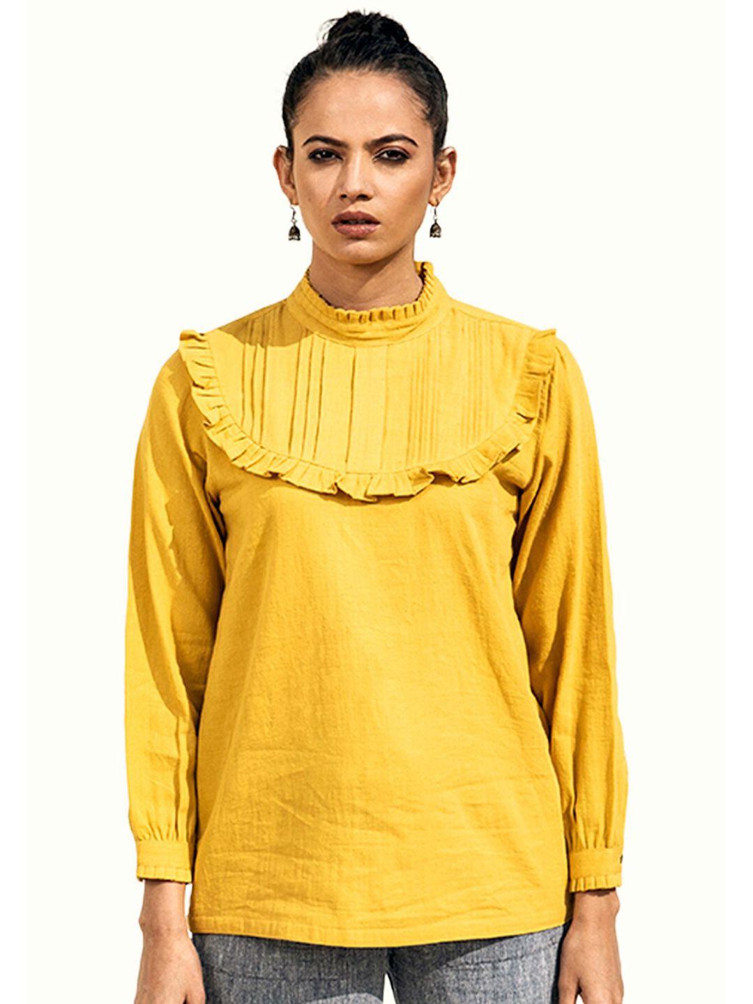 lake peace women yellow solid pleated yoke pure cotton top