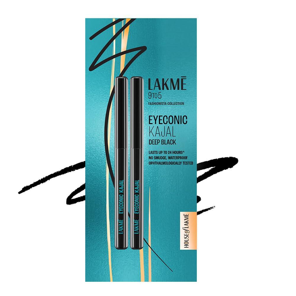 lakmé eyeconic black kajal 0.35 g (combo pack of 2) matte kohl liner in a twist up pencil - waterproof, smudge proof & long lasting eye makeup
