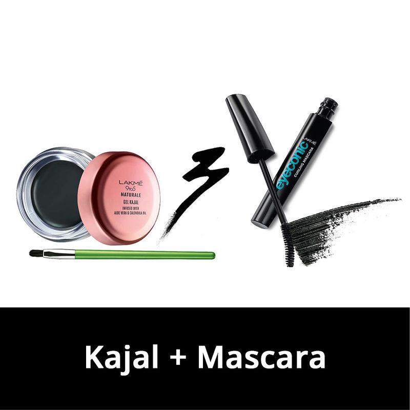 lakme 9 to 5 naturale gel kajal - black + eyeconic curling mascara - black combo