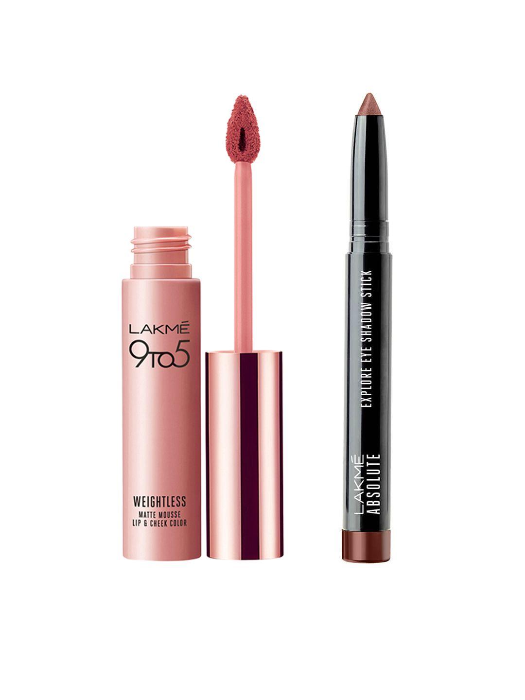 lakme 9to5 weightless mousse lipstick - nude cushion & explore eyeshadow stick - champagne