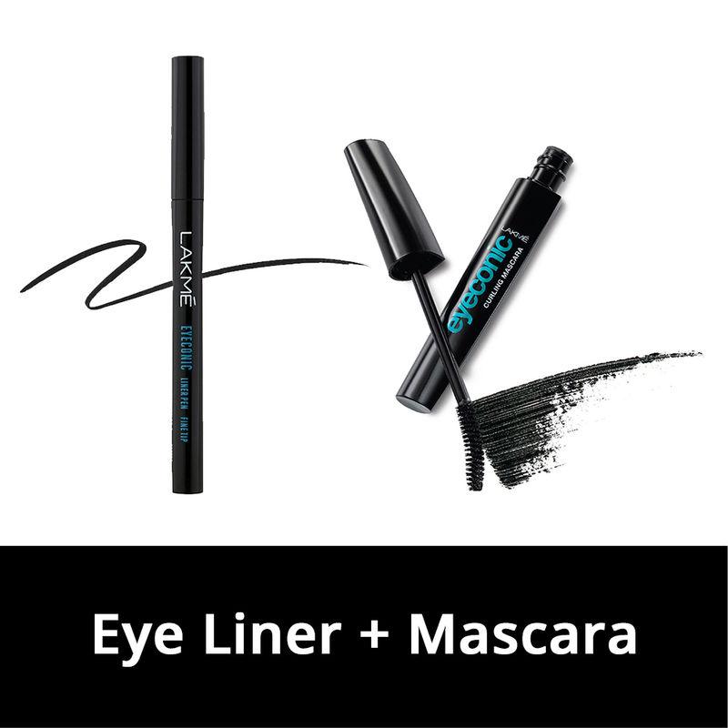lakme eyeconic liner pen fine tip - deep black + eyeconic curling mascara - black combo