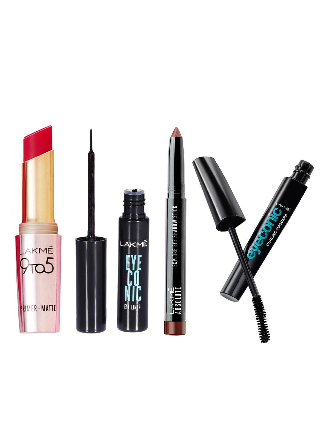 lakme eyeconic mascara + eyeshadow stick + liquid eyeliner + 9to5 primer+matte lipstick