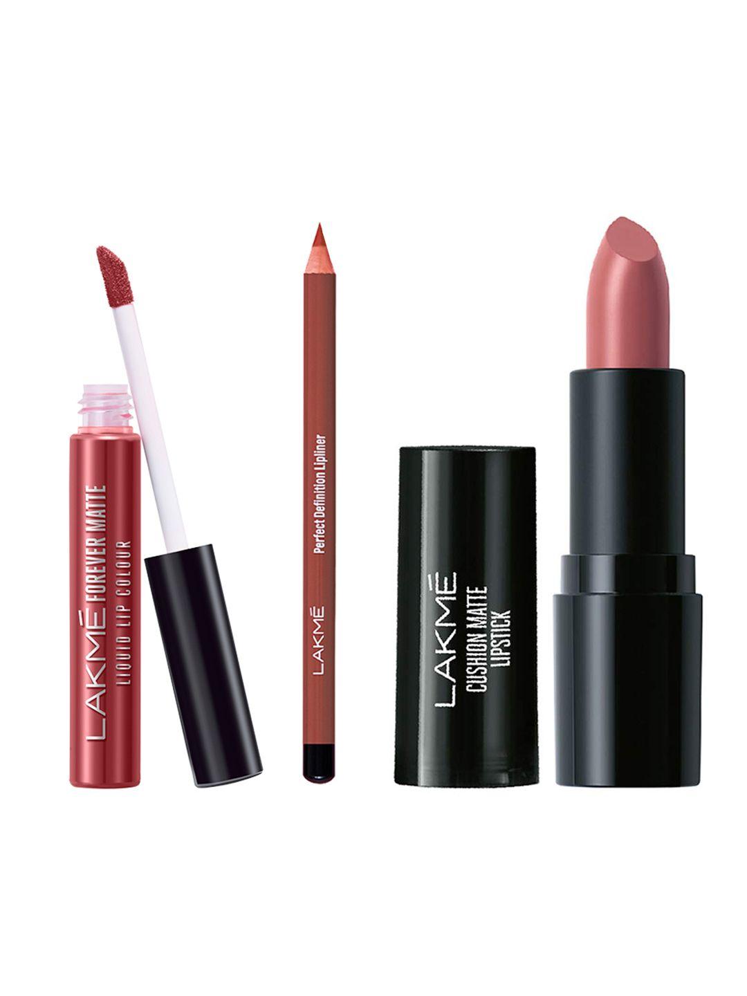 lakme forever matte liquid lipstick + perfect definition lipliner + cushion matte lipstick