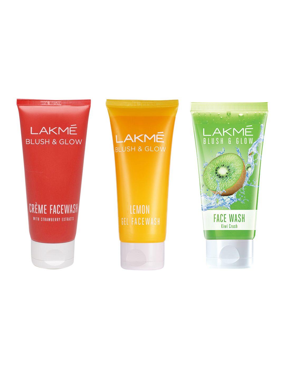 lakme set of 3 blush & glow face wash - kiwi crush + lemon fresh + strawberry - 100g each