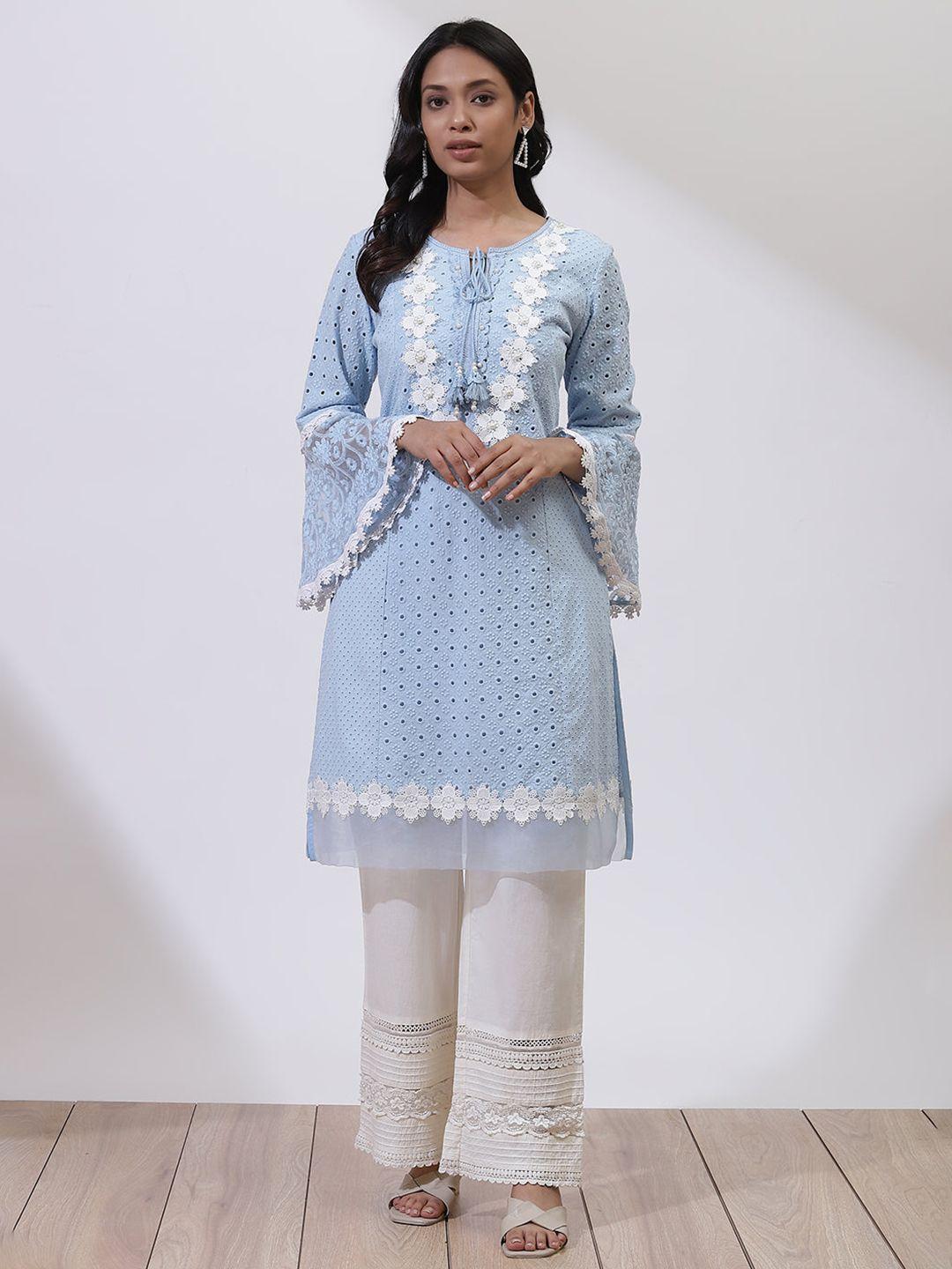 lakshita blue & white embroidered thread work pure cotton thread work bell sleeves kurti