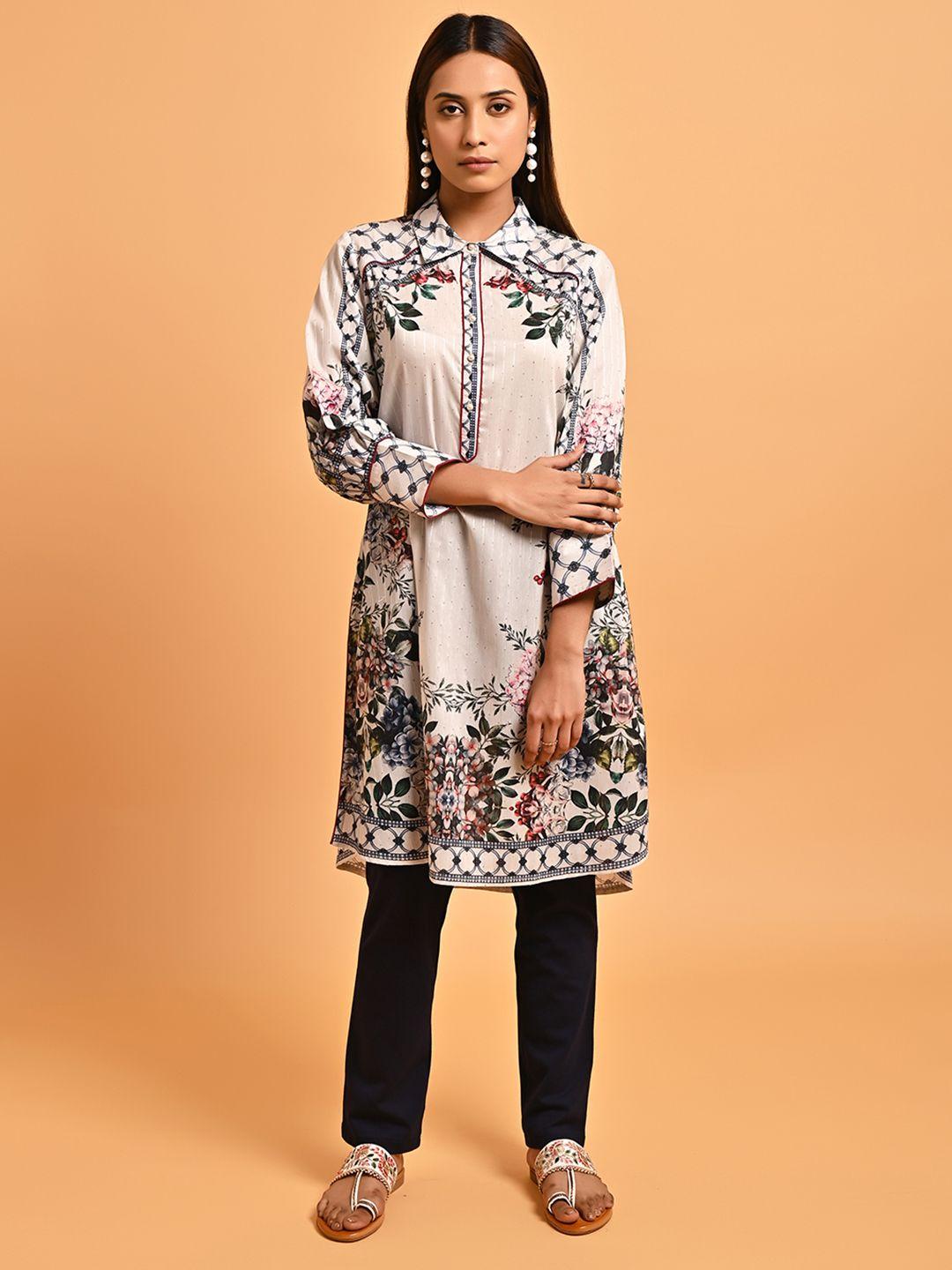 lakshita floral printed shirt collar sequinned pure cotton kurti
