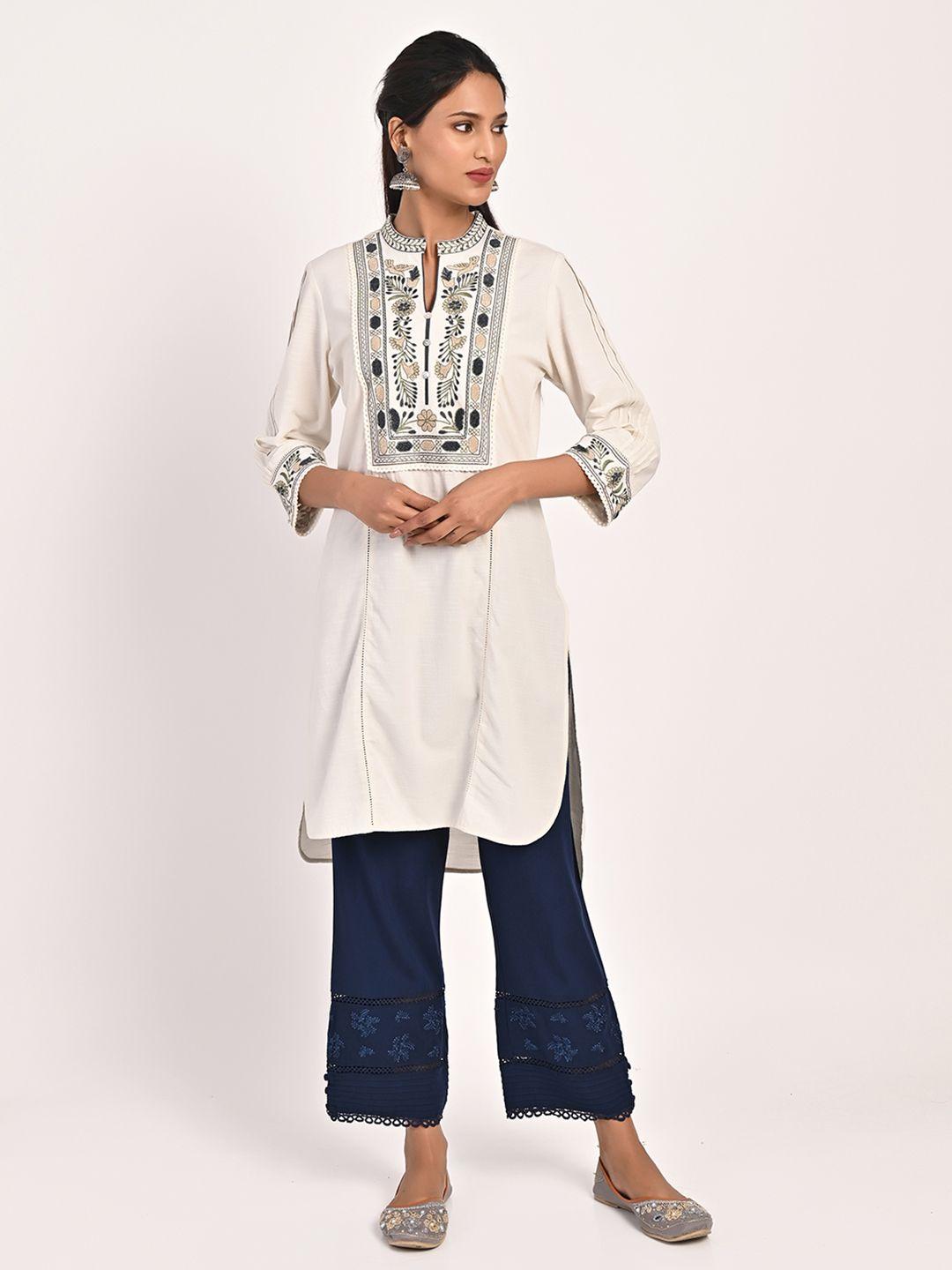 lakshita mandarin collar floral yoke embroidered pure cotton tunic