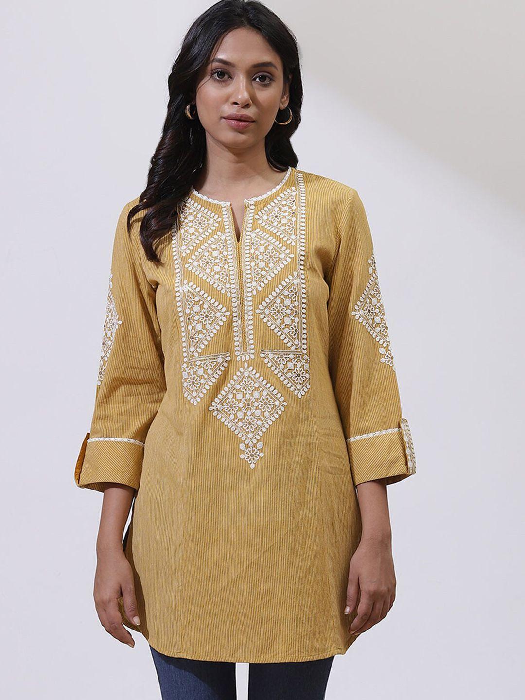 lakshita mustard yellow & yellow geometric embroidered thread work pure cotton thread work kurti