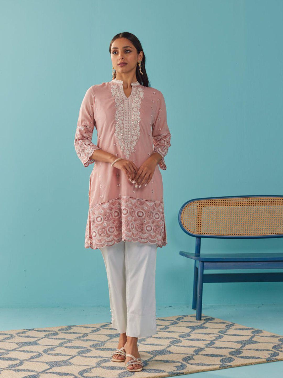 lakshita peach-coloured & white floral embroidered thread work thread work kurti