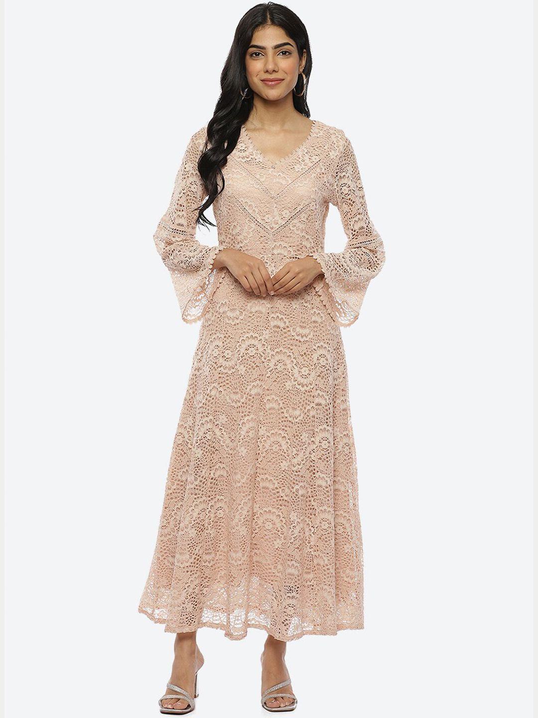 lakshita phool collection v-neck bell sleeve lace self design fit & flare maxi dress