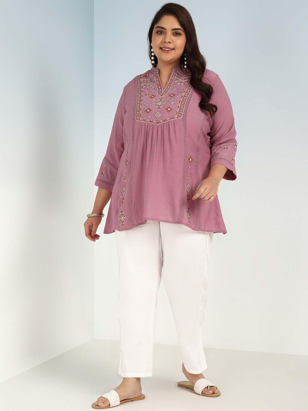 lakshita plus size pink mandarin collar embroidered ethnic tunic